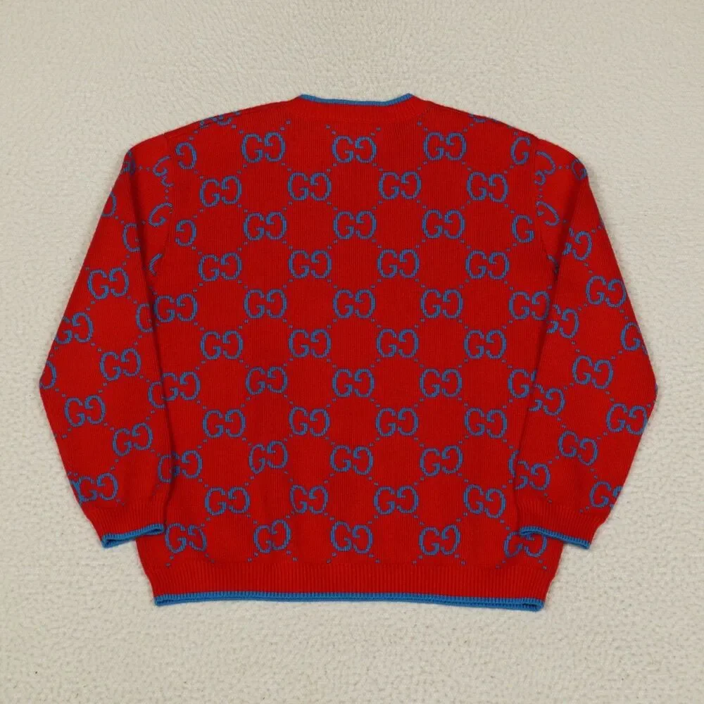 Gucci Gg Knit Cotton Jacquard Sweater Mens Large Red Blue Cotton Ready-To-Wear
